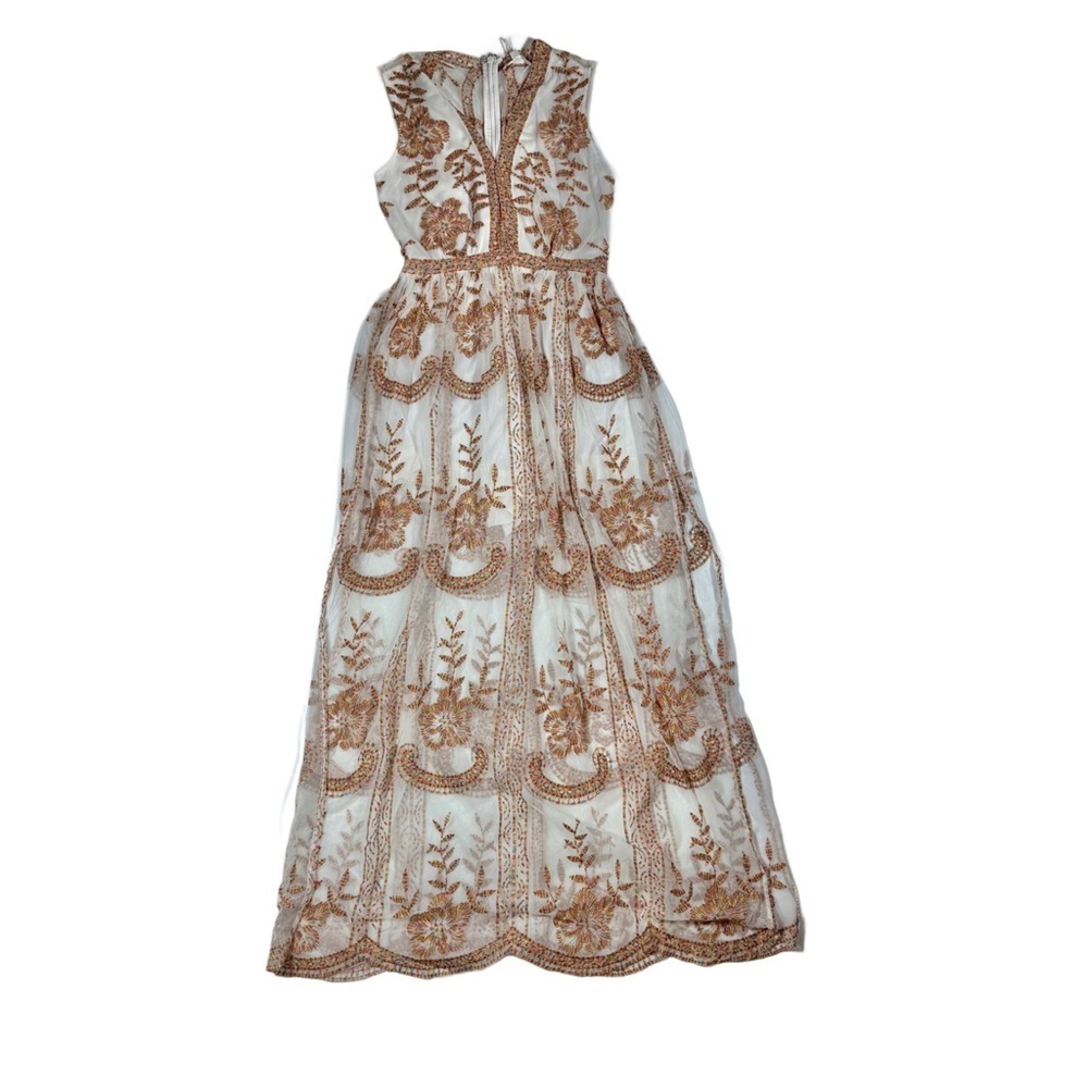 Honey Punch Indie Boho Colorful Embroidered Sheer Sleeveless Floral V-neck Dress